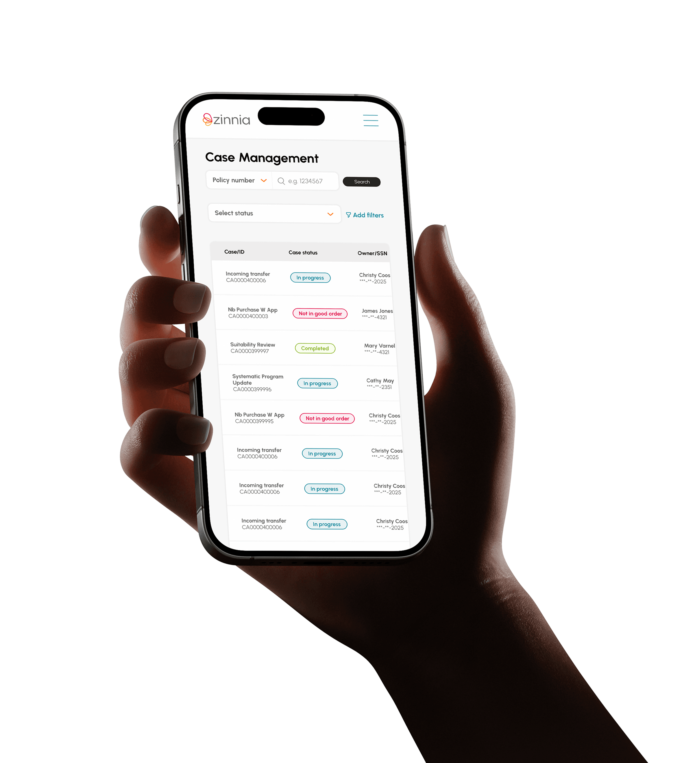 Hand holding phone with Zinnia insurance platform