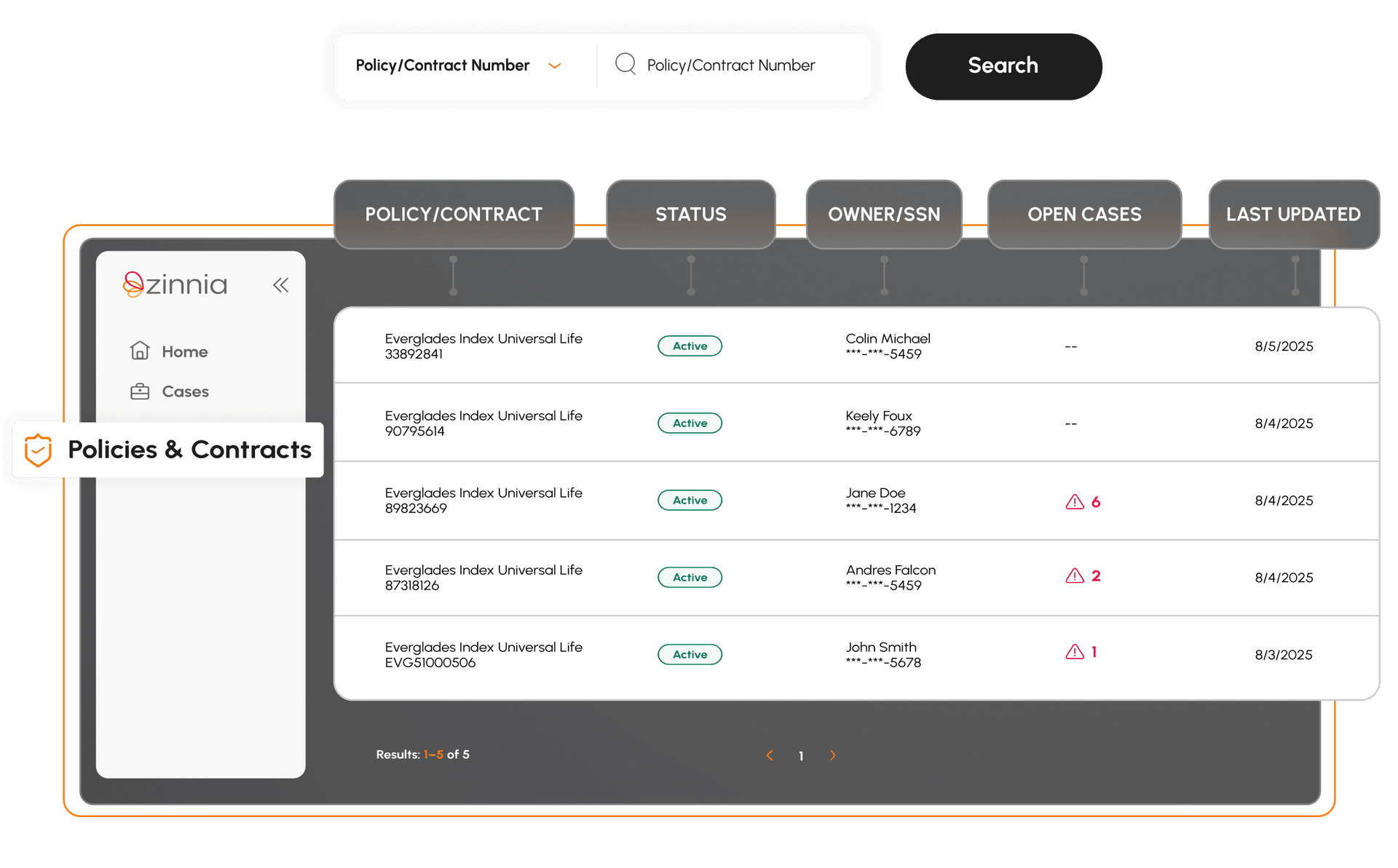 iPad showing Zinnia policies and contracts interface