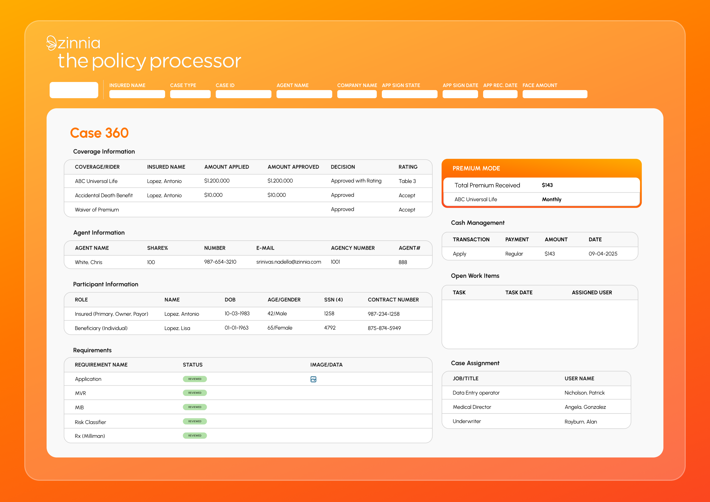 Underwriter workspace interface showing case data and evidence