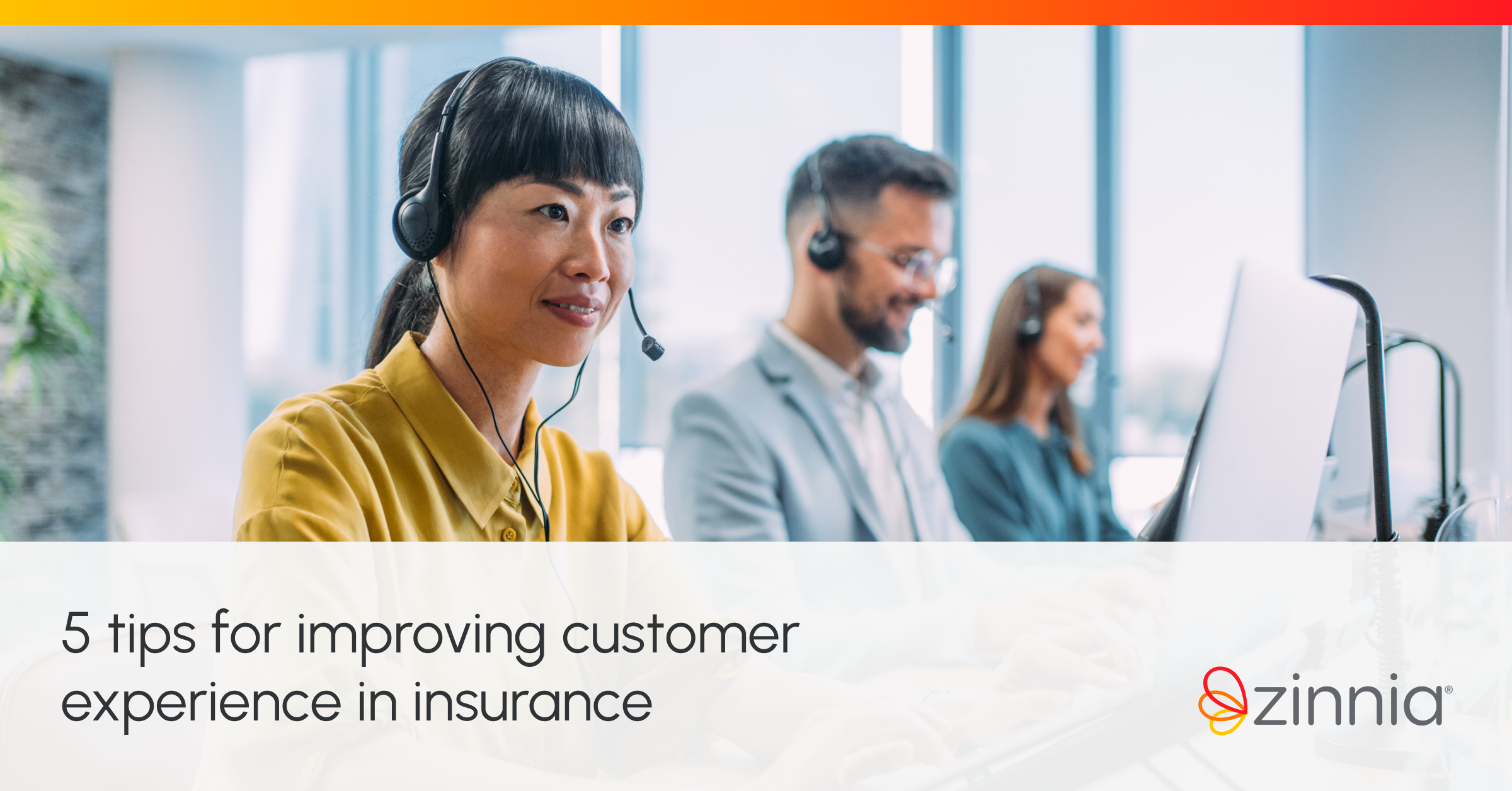 An image of call center agents with the headline "5 Tips for Improving Customer Experience in Insurance"