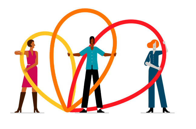 Three illustrated people holding on to parts of the Zinnia logo to signify the importance of diversity and inclusive working environments at Zinnia.
