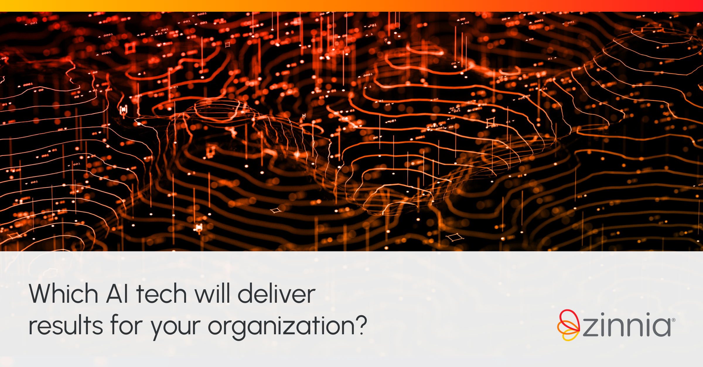 Digital visualization of AI technology with an abstract network pattern in orange and black colors, accompanied by the text 'Which AI tech will deliver results for your organization?' and the Zinnia logo.