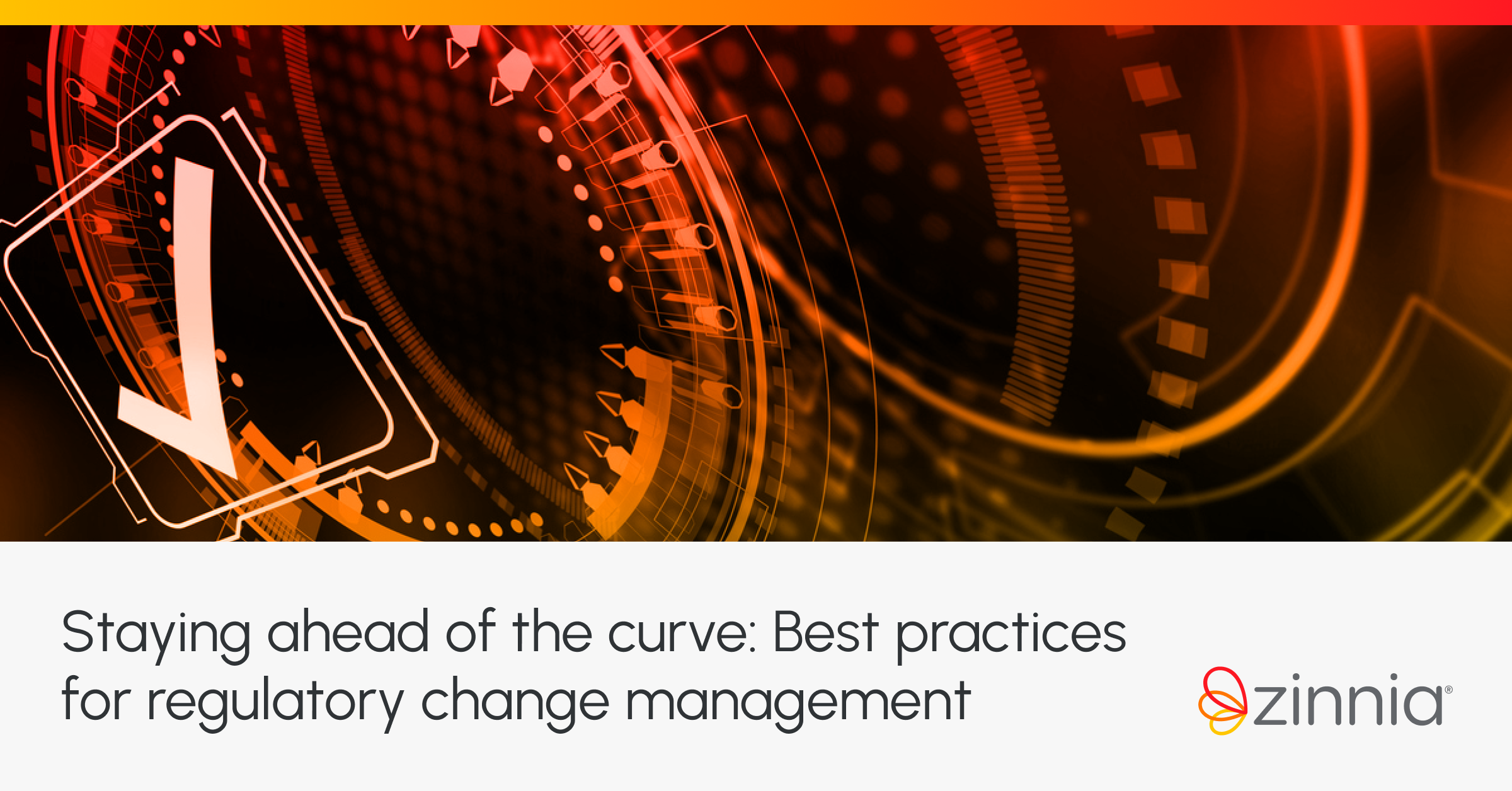 Imagine with an abstract background of orange and red digital elements, featuring the title 'Staying ahead of the curve: Best practices for regulatory change management' and the Zinnia logo.